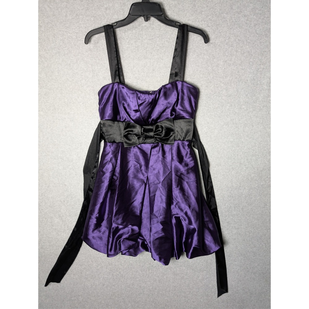 Speechless‎ Purple Satin Y2K Bubble Hem Mini Dress Black Bow Waist Tie Size 9